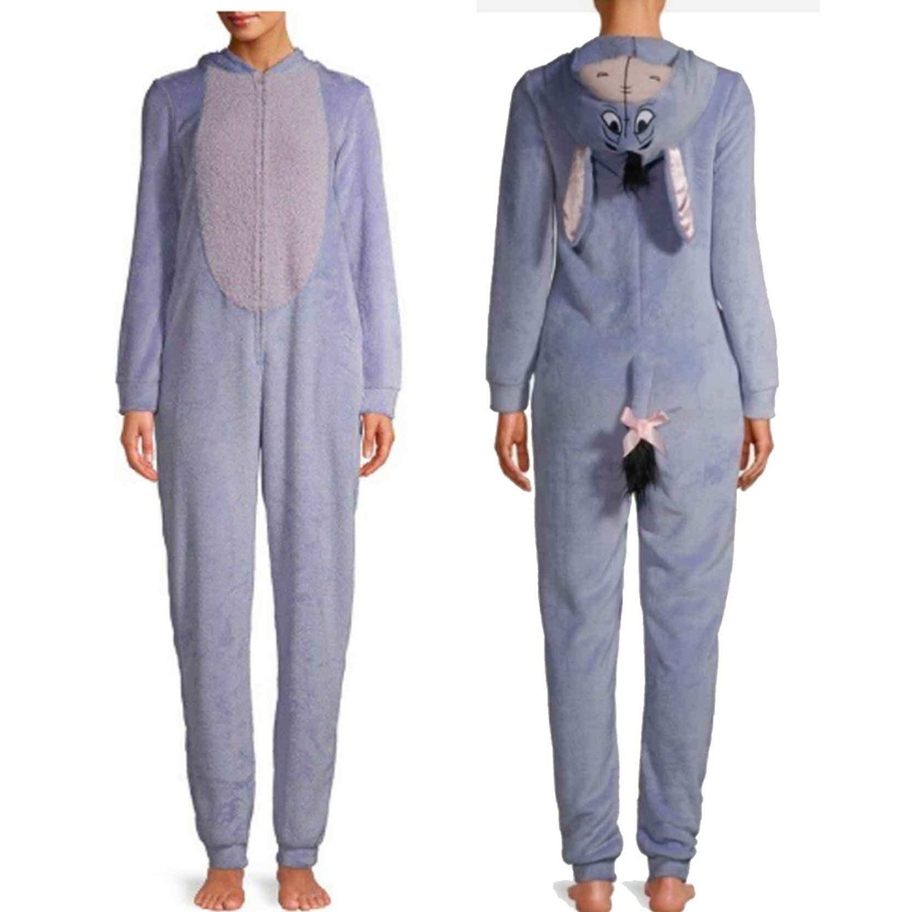 Disney Eeyore Womens Union Suit Pajamas M 8-10 Plush Hooded Costume Periwinkle